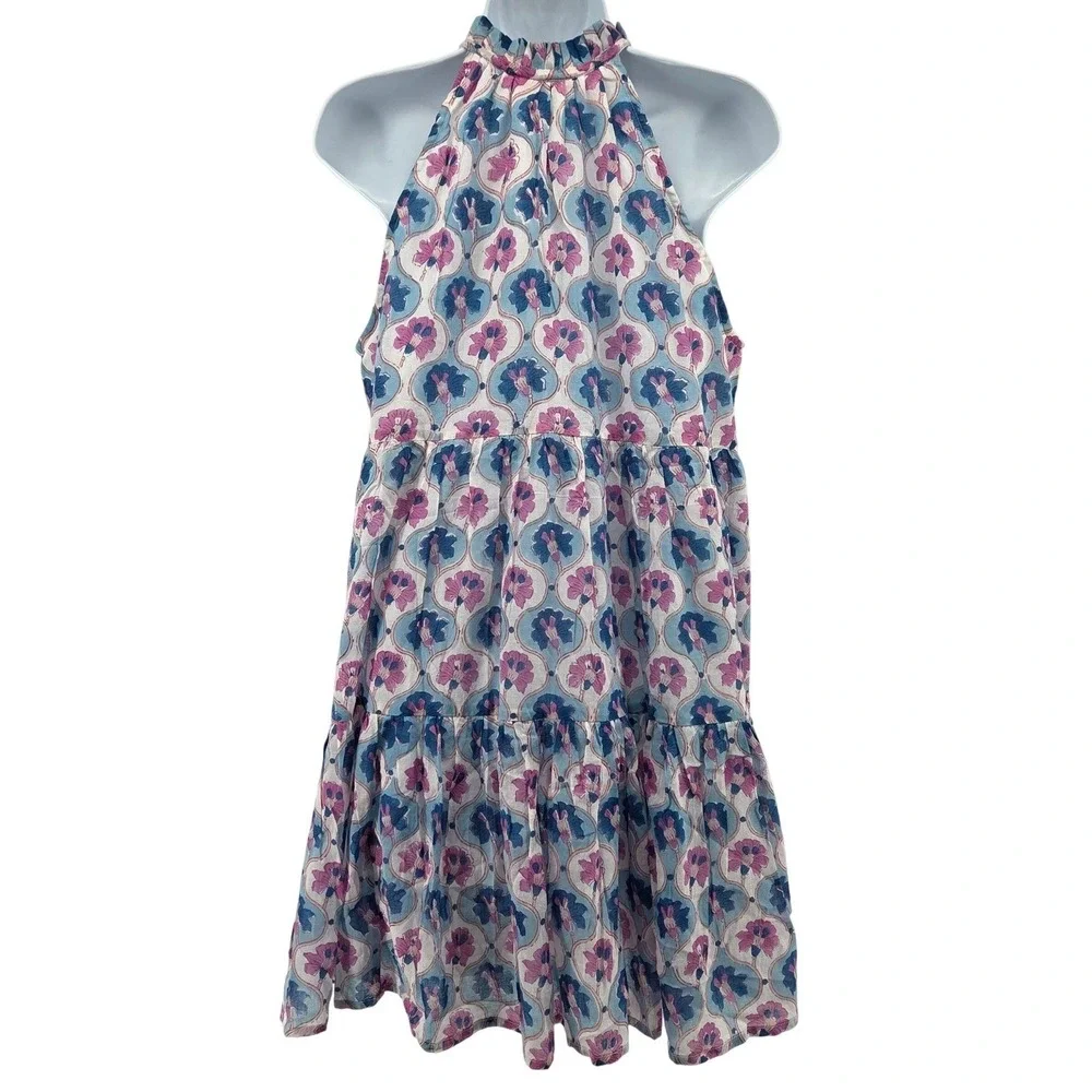 Oliphant Sleeveless Tiered Mini Dress Iris Blue Floral Halter L Boho Summer - Picture 3 of 10